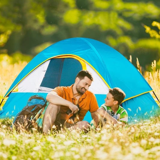 2-person waterproof dome camping tent with full-coverage rainfly set up in campsite