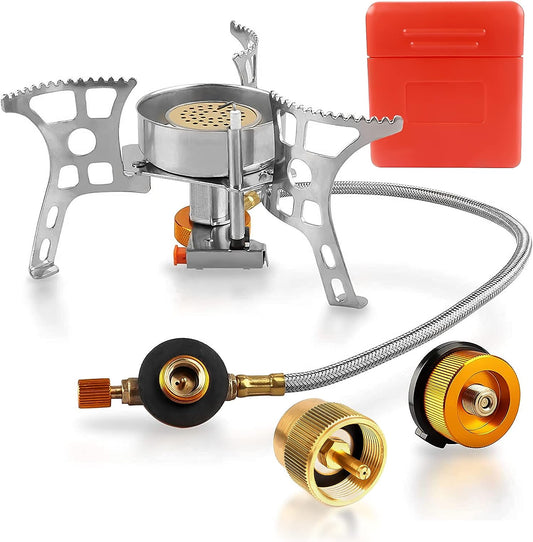 Camping stove collapsible with piezo ignition and butane fuel adapter