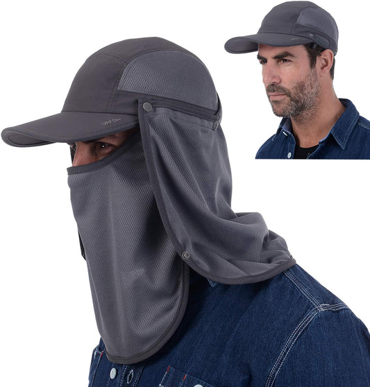 Sun fishing hat with detachable face and neck cover flap