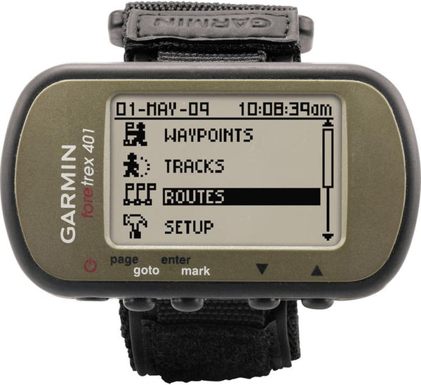 Garmin Foretrex 401 waterproof hiking GPS device showing digital map and navigation features.