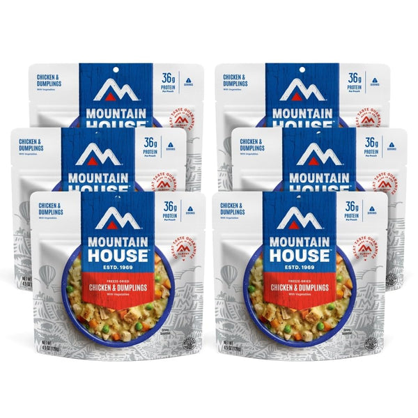 Mountain House Chicken & Dumplings trail food, freeze-dried backpacking and camping meal in a 6-pack, ready for outdoor adventures.
