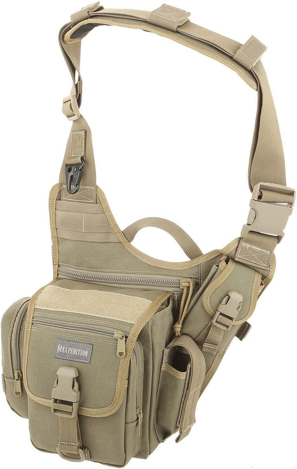 Maxpedition Falcon-II backpack showing MOLLE webbing and front panel pockets