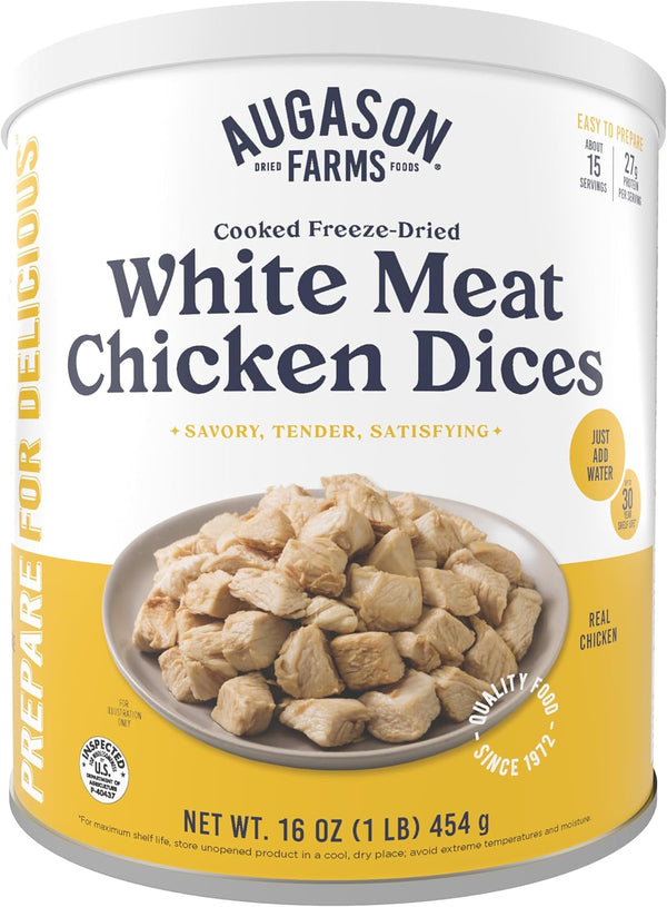 Augason Farms White Meat Chicken Dices in a can, part of emergency food supply, showing cooked chicken chunks on a plate.