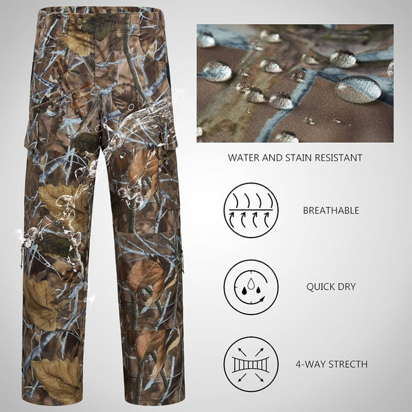 Men's stretch hunting pants in water-resistant camo pattern front view