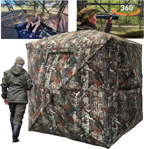 Ameristep Care Taker hub-style ground blind set up in woods with camo exterior