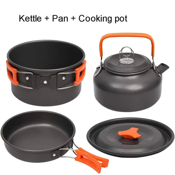 Aluminum camping cookware kit with pot pan kettle and utensils
