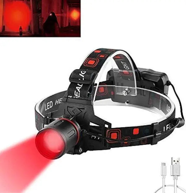 400-lumen rechargeable LED headlamp with red night vision mode for camping and hunting
