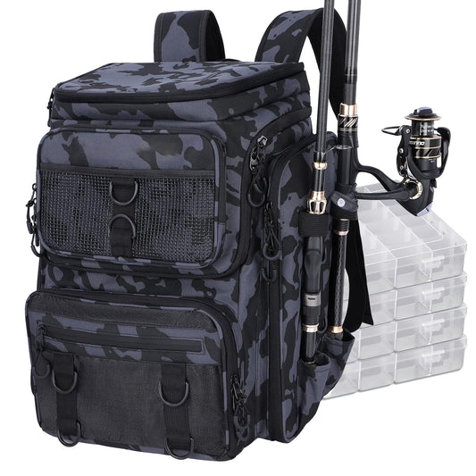 Waterproof fishing tackle backpack with rod holder and 4-tray lure organization