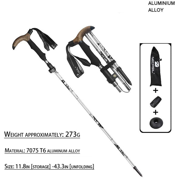 Ultralight aluminum trekking poles with cork grip — anti-shock collapsible hiking sticks
