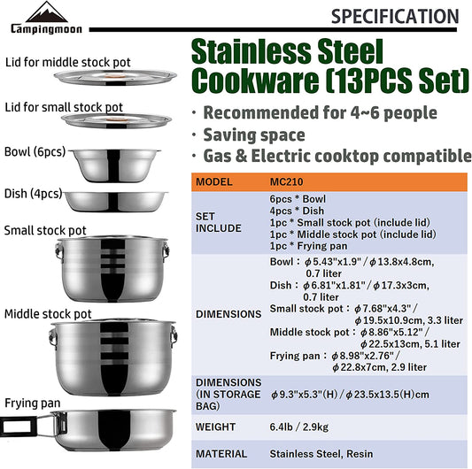 Stainless steel camping cookware set nested with carry bag on camp table