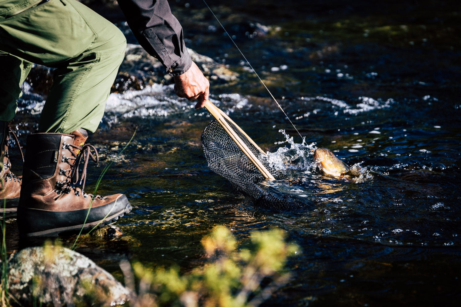 Angler landing a trout in a net midstream