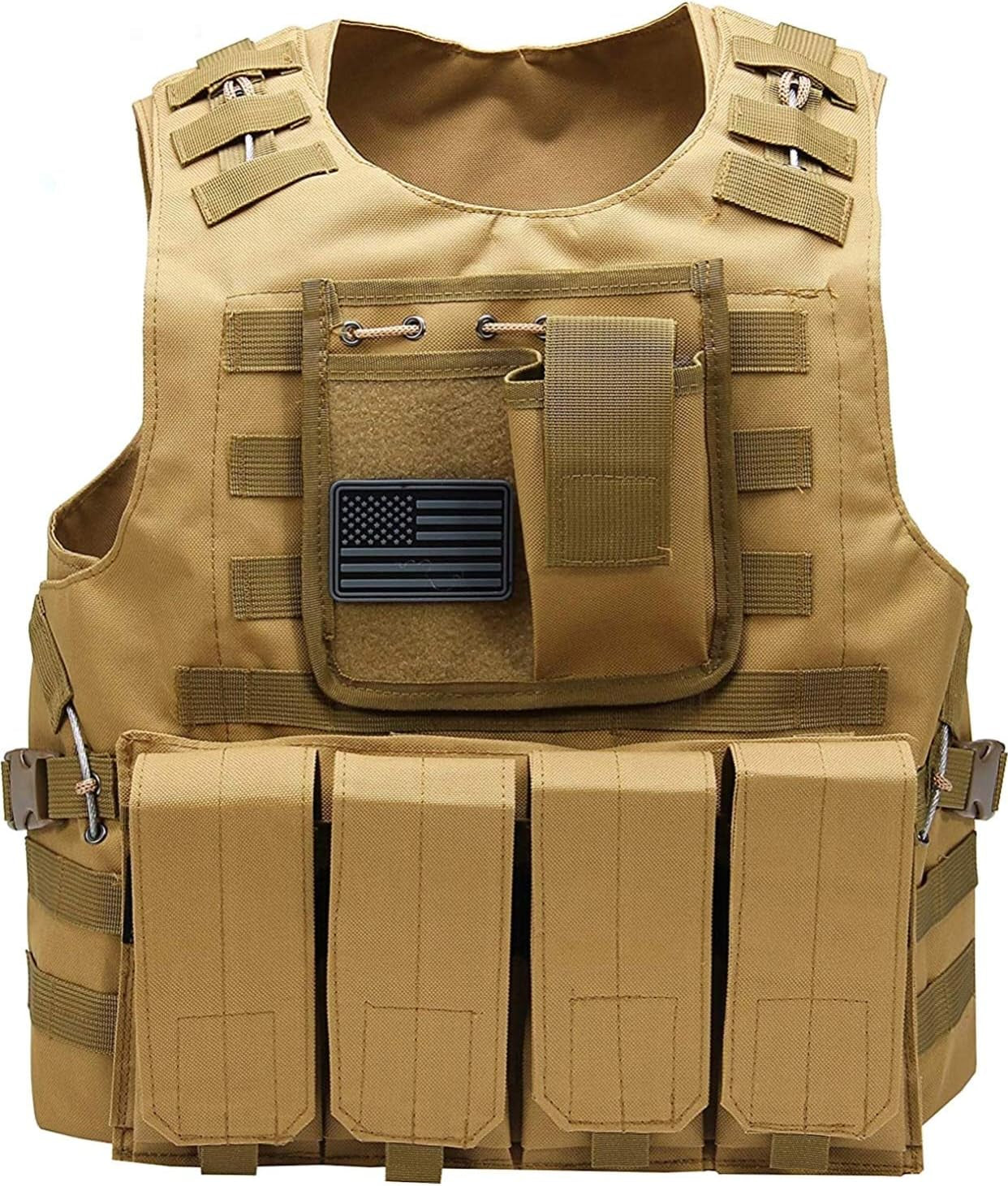 Tactical Airsoft Vest with US Flag Patch and Pouches - Brown (Small-Large) - Peak Performance Outfitters