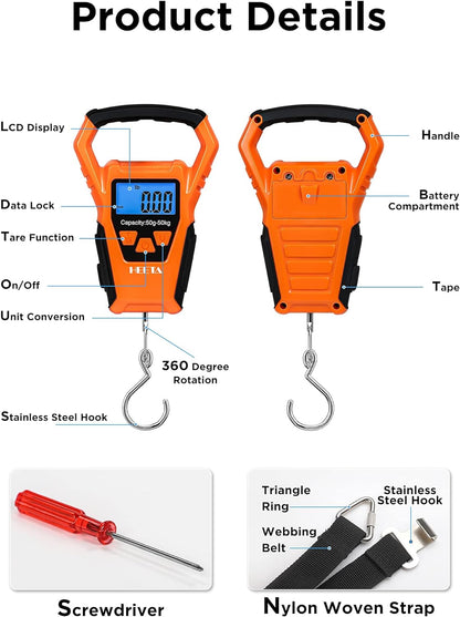 Portable Waterproof Fish Scale Digital Hanging Scale with Backlit LCD Display, 110Lb/50Kg Capacity for Home and Outdoor Use - Includes Measuring Tape and 2 AAA Batteries - Peak Performance Outfitters