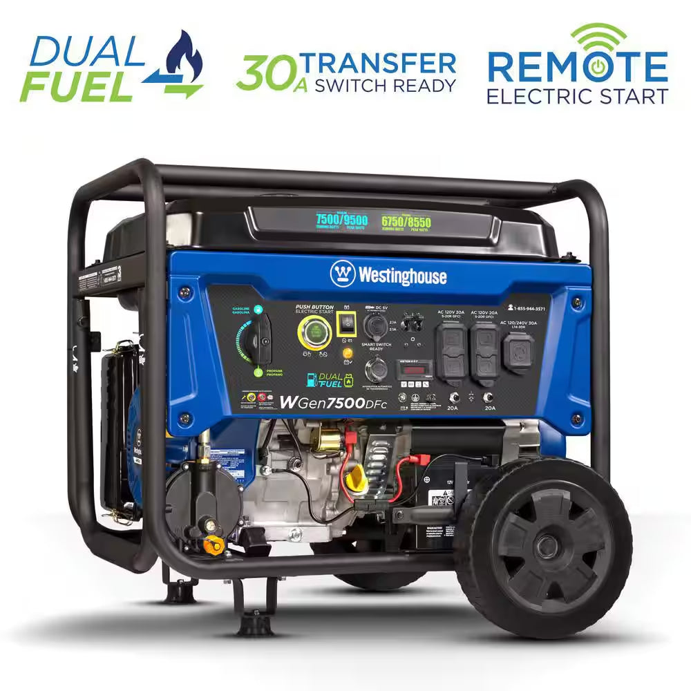 9,500/7,500-Watt Dual Fuel Gas and Propane Powered Portable Generator with Remote Electric Start, 30A 120/240V Outlet