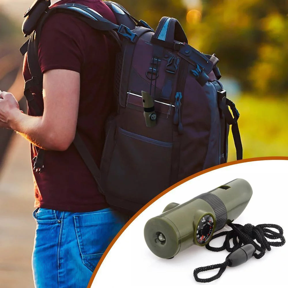 "Multifunctional 7-In-1 Emergency Survival Whistle Kit for Outdoor Use"