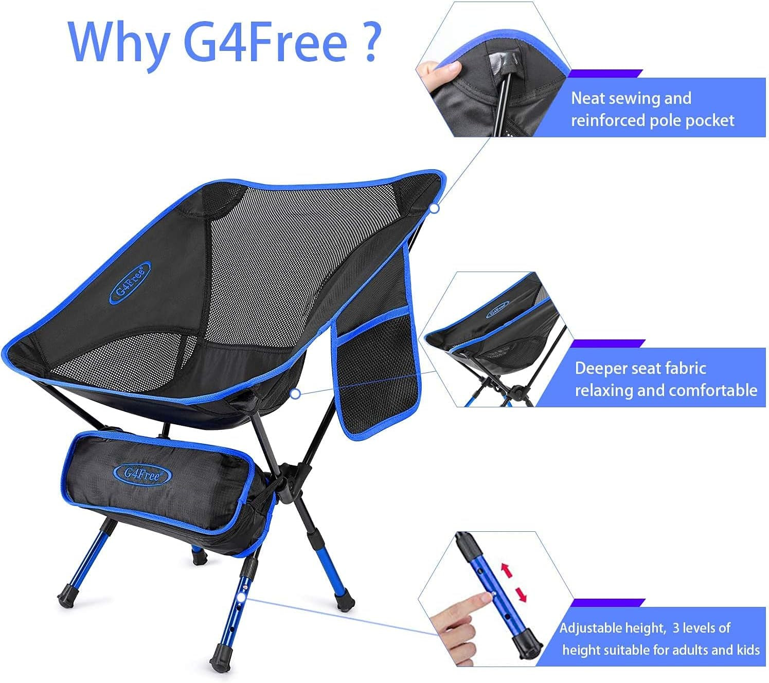 Height Adjustable Camping Chair - Ultralight Portable Folding Chair for Outdoor Activities - Heavy Duty and Durable - Dark Blue