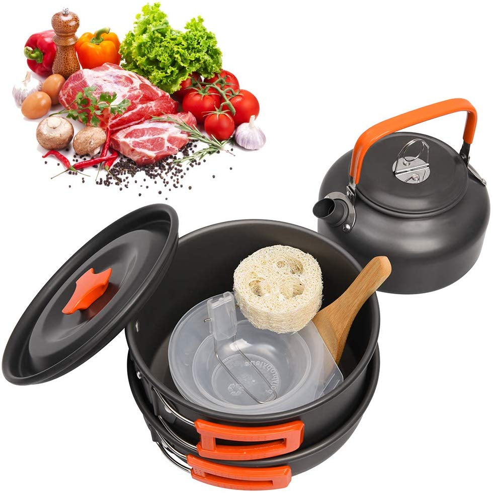 Outdoor Camping Cookware Set with Aluminum Cooking Utensils and Water Kettle - Ideal for Travelling, Hiking, Picnics, BBQs, and Outdoor Dining - Peak Performance Outfitters