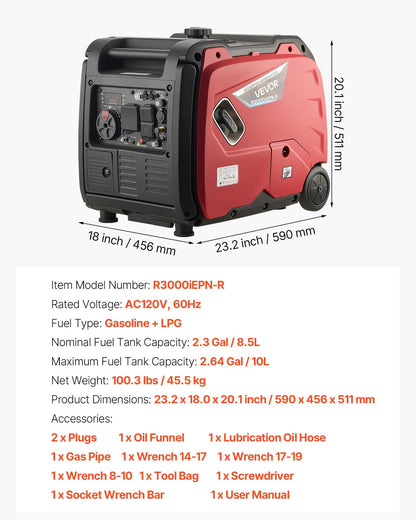 VEVOR Inverter Generator 4200W Peak Watt Quiet Generator Gas & LPG Powered