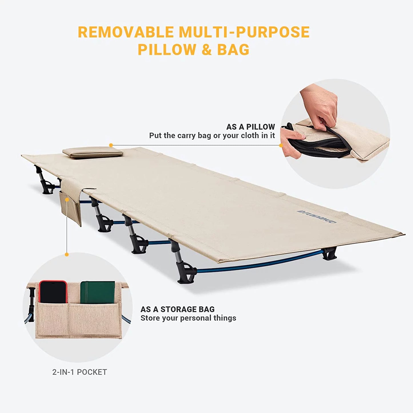 Folding Camping Cot Bed for Adults, Lightweight and Compact, Supports 265 lbs - Beige - Peak Performance Outfitters