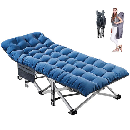 Folding camping cot with 3.3-inch mattress on 75x28 steel frame with carry bag