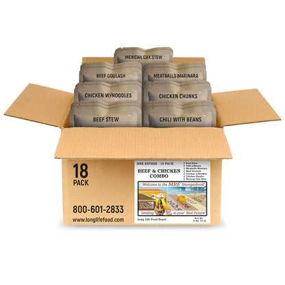MRE entree variety pack 18-pack with beef and chicken military meal pouches