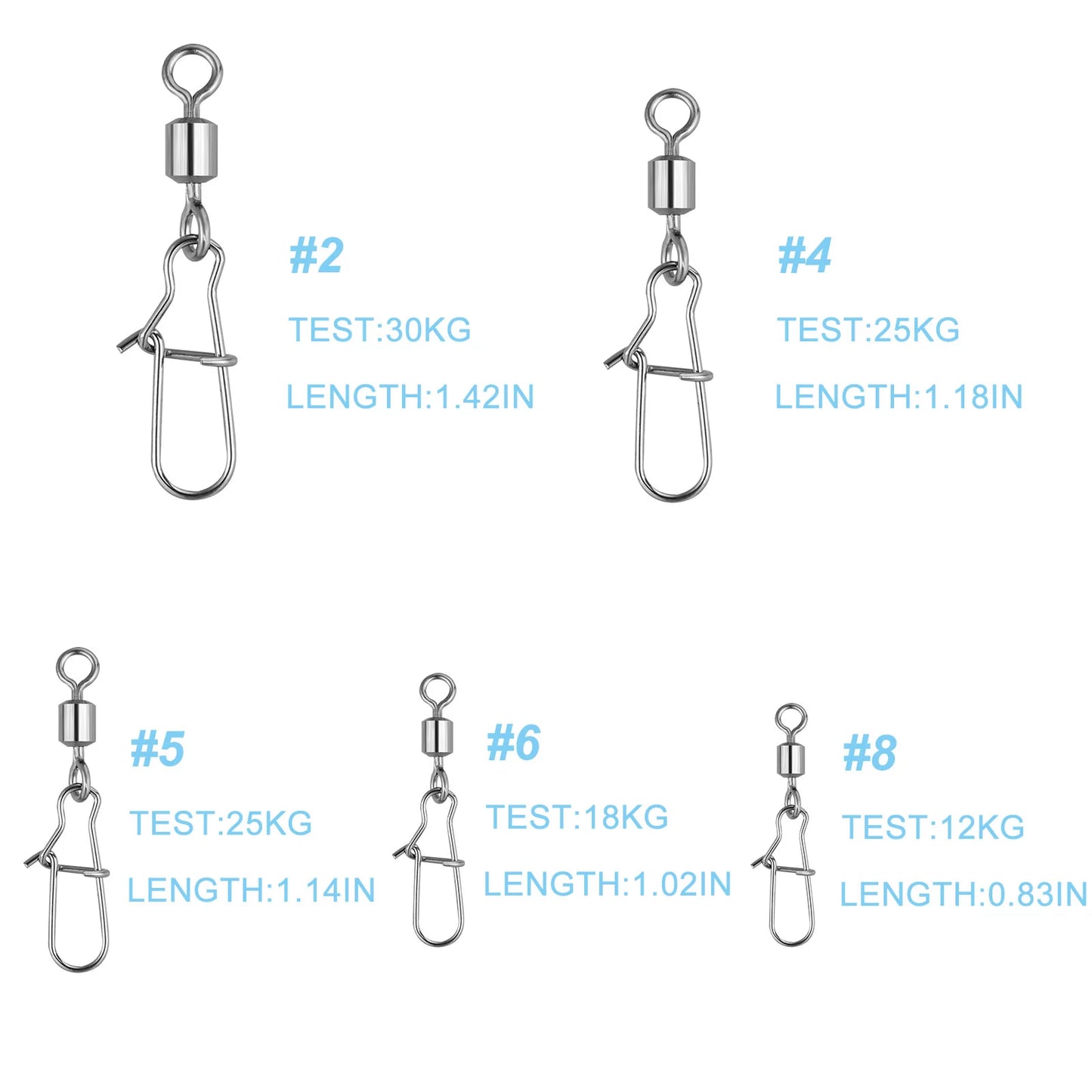 High-Strength Stainless Steel Fishing Swivel Snap Connectors Kit - 210 Pieces, Sizes 2 4 5 6 8