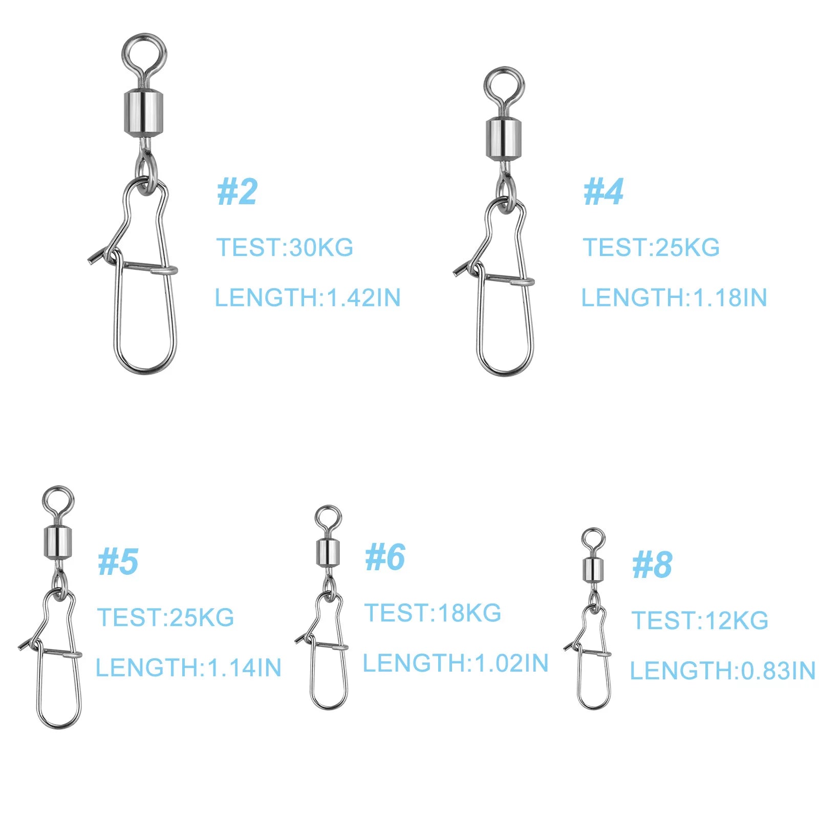 High-Strength Stainless Steel Fishing Swivel Snap Connectors Kit - 210 Pieces, Sizes 2 4 5 6 8