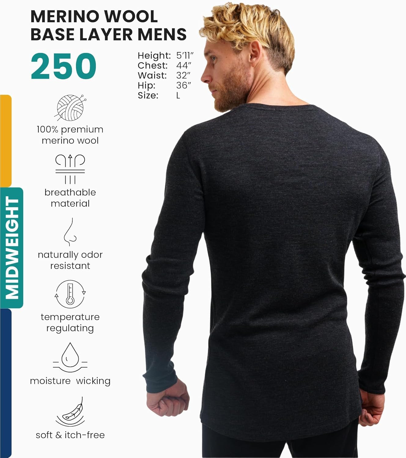 Merino.Tech 100% merino wool base layer long sleeve thermal shirt in midweight option