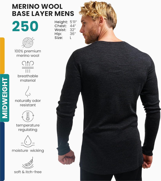 Merino.Tech 100% merino wool base layer long sleeve thermal shirt in midweight option