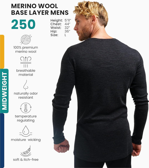 Merino.Tech 100% merino wool base layer long sleeve thermal shirt in midweight option