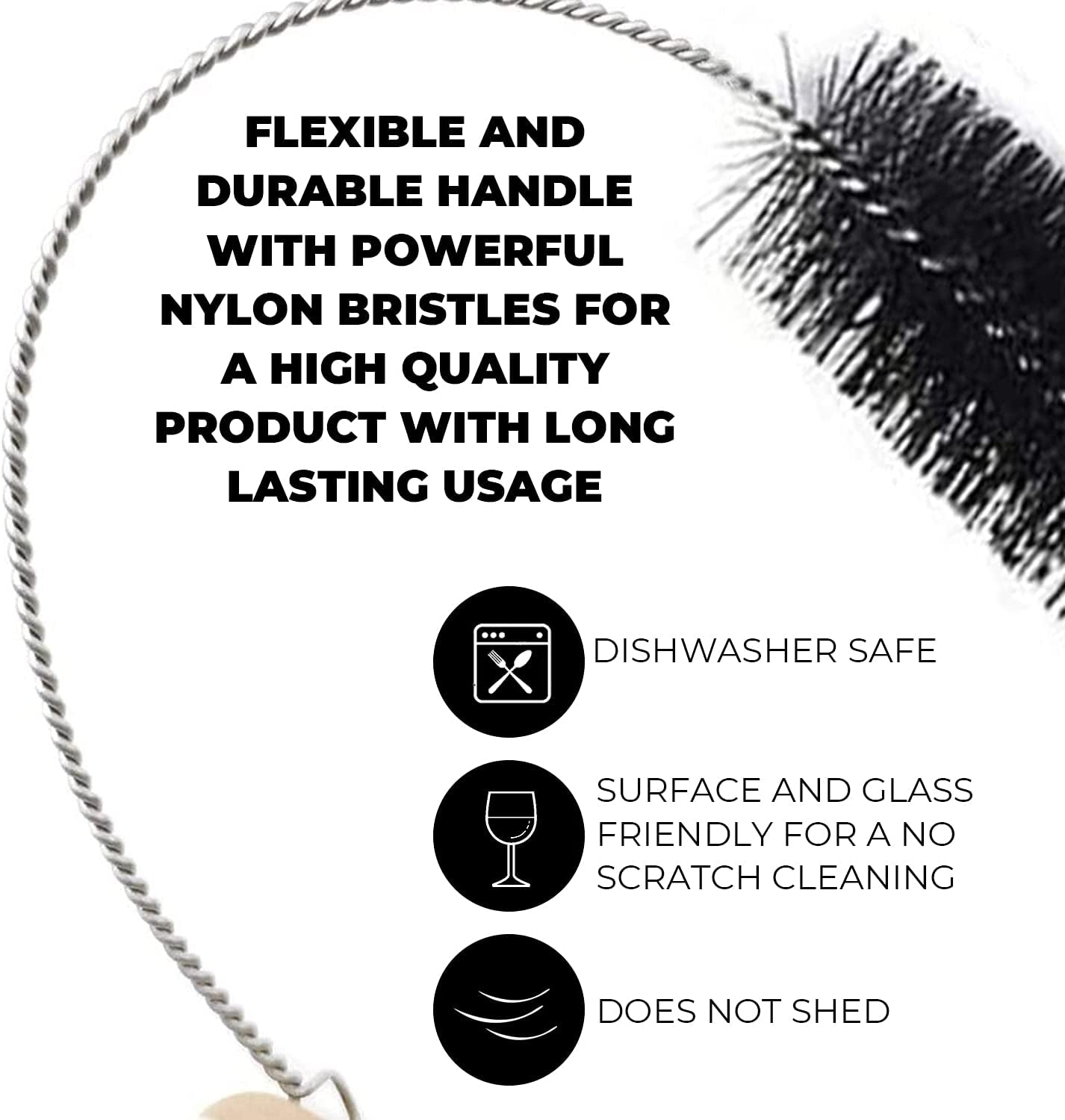 8 Inch Nylon Tube Cleaning Brush Set - Large Sizes (BLACK) - 5 Piece Kit for Bottles, Straws, Pipes, Keyboards, Glass, Guns - Heavy Duty Cleaning Brushes with Flexible Handles - Peak Performance Outfitters