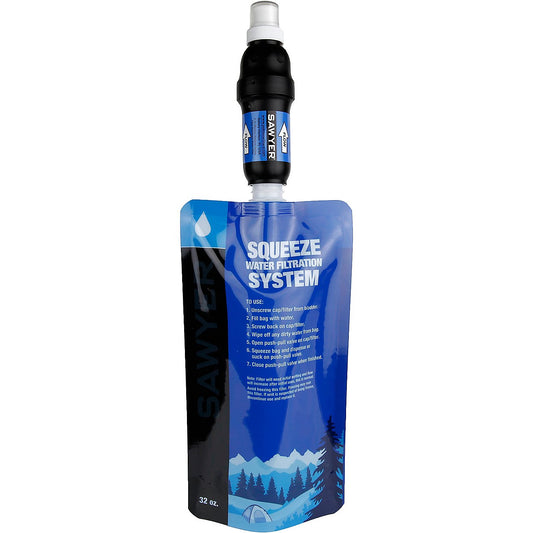 Sawyer Squeeze 0.1-micron hollow fiber filter showing squeeze pouch and direct drinking use