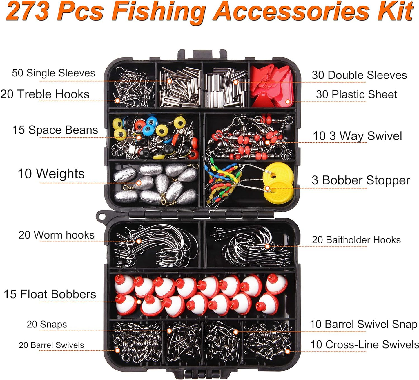 Complete Fishing Tackle Kit with Box - Sinker Weights, Barrel Swivels, Snap Swivels, Hooks, Sinker Slides, Beads