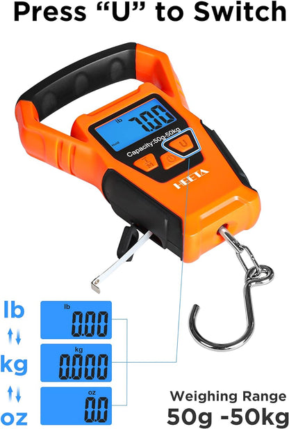 Portable Waterproof Fish Scale Digital Hanging Scale with Backlit LCD Display, 110Lb/50Kg Capacity for Home and Outdoor Use - Includes Measuring Tape and 2 AAA Batteries - Peak Performance Outfitters