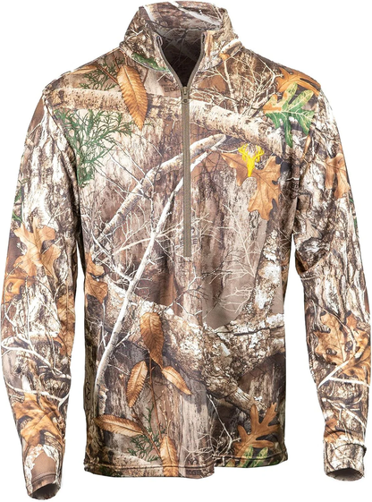 Camo quarter-zip hunting shirt showing moisture-wicking stretch fabric construction