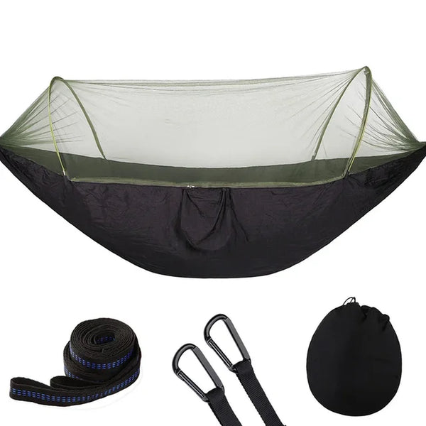 Camping hammock with mosquito net and pop-up light