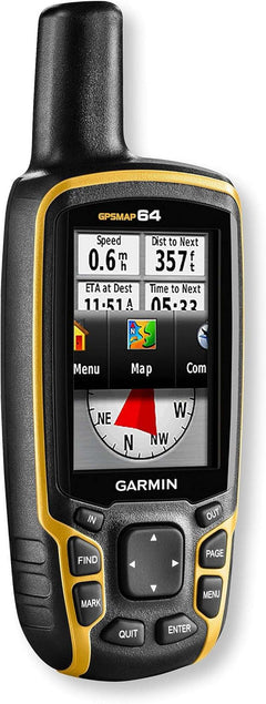 Garmin GPSMAP 64 showing 2.6-inch display and AA battery compartment for backcountry use