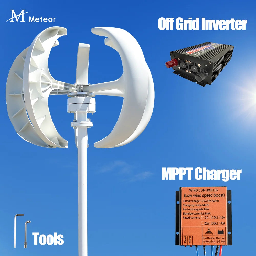 5000W Vertical Axis Wind Turbine Generator Low Noise Low Start Wind Speed 12V 24V 48V Windmill off Grid System with MPPT Charger