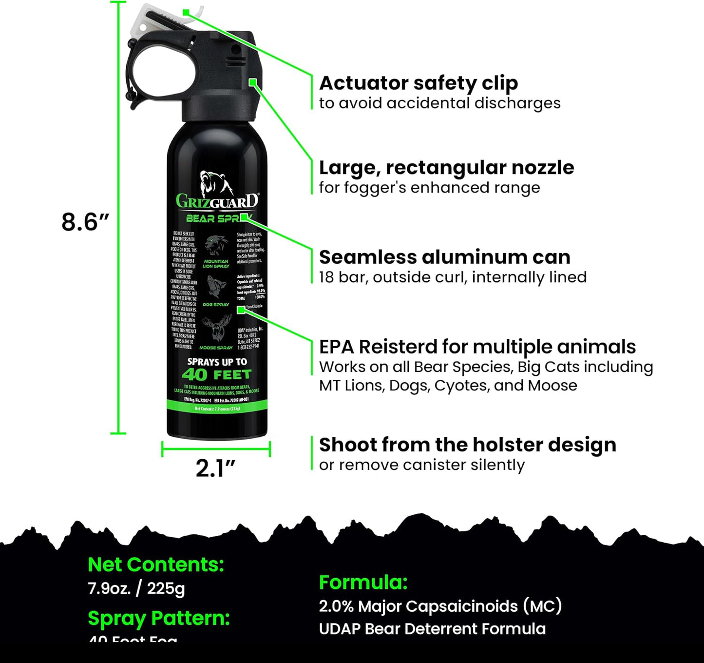 Griz Guard Bear Spray W/Holster 40 Ft Range, Maximum Strength, Epa-Registered Spray for Bears, Mountain Lions, Coyotes, Dogs, & Moose, Outdoor Hiking & Camping Protection, Glow Safety Clip, 7.9 Oz