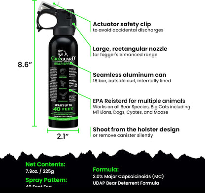 Griz Guard Bear Spray W/Holster 40 Ft Range, Maximum Strength, Epa-Registered Spray for Bears, Mountain Lions, Coyotes, Dogs, & Moose, Outdoor Hiking & Camping Protection, Glow Safety Clip, 7.9 Oz