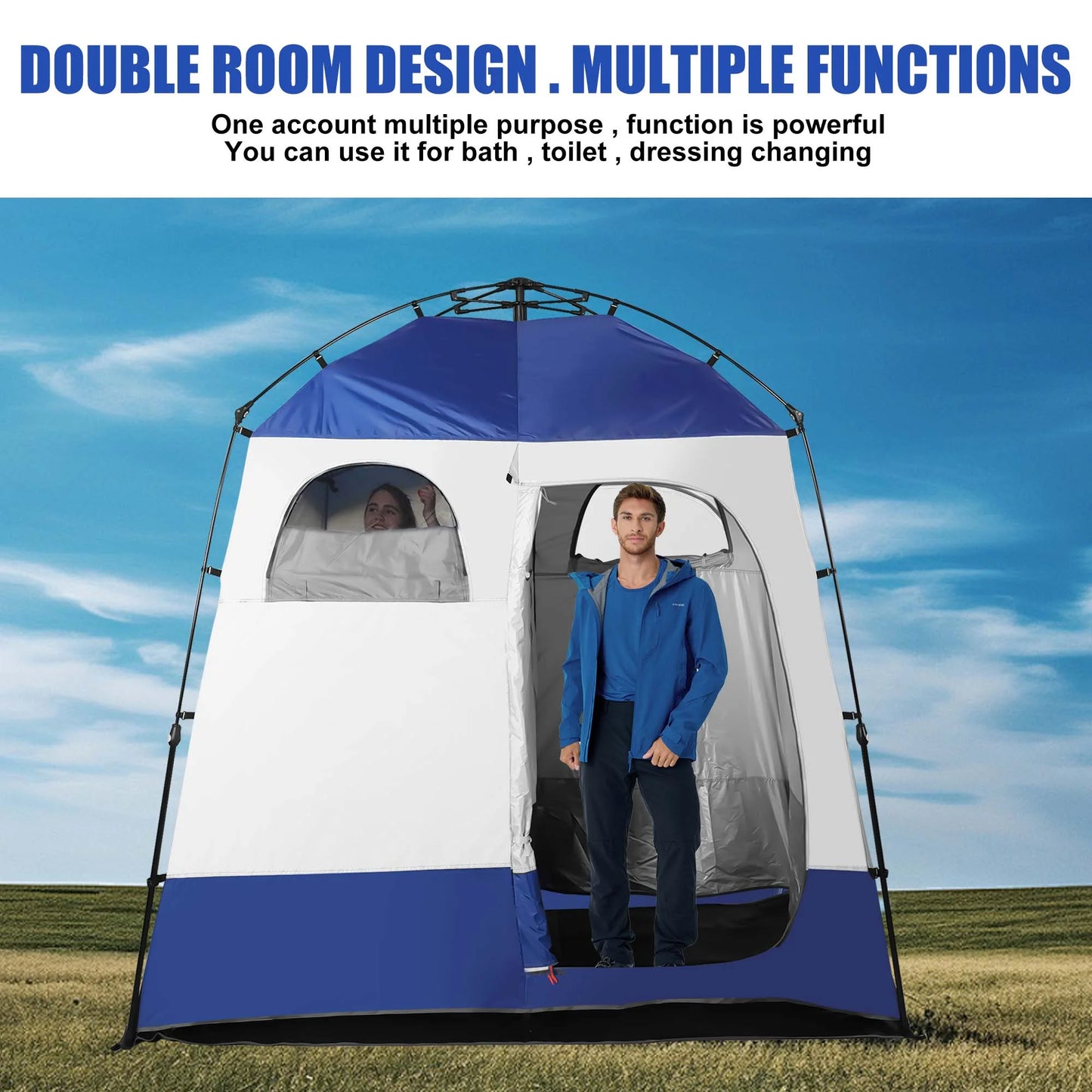 Outdoor Camping Shower Tent with Oversized Space and Privacy, Portable Changing Room with Floor, Easy Setup Privacy Shelter for Camping - 2 Rooms Toilet Tent - Peak Performance Outfitters