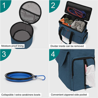 Pet Travel Bag Set with Airline Approval, Multi-Function Pockets, Food Storage Containers, Collapsible Bowls, and Feeding Mat - Blue