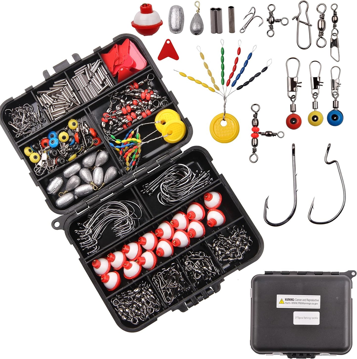 Complete Fishing Tackle Kit with Box - Sinker Weights, Barrel Swivels, Snap Swivels, Hooks, Sinker Slides, Beads