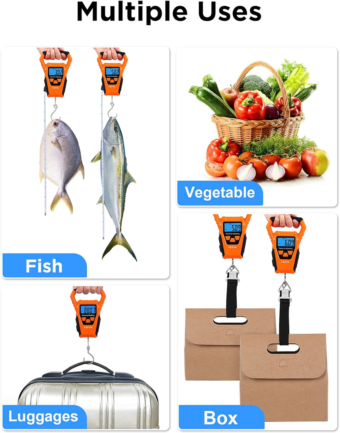 Professional Product Title: Portable Waterproof Fish Scale Digital Hanging Scale with Backlit LCD Display, 110Lb/50Kg Capacity for Home and Outdoor Use - Includes Measuring Tape and 2 AAA Batteries - Peak Performance Outfitters