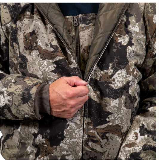 Men's insulated twill camo hunting jacket front view showing cotton shell texture