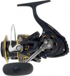 Daiwa BG spinning reel for fishing, showcasing the black and silver metal body and spool on a fishing rod.