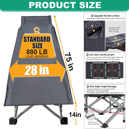 Folding camping cot fully deployed showing integrated foam mattress and locking steel frame