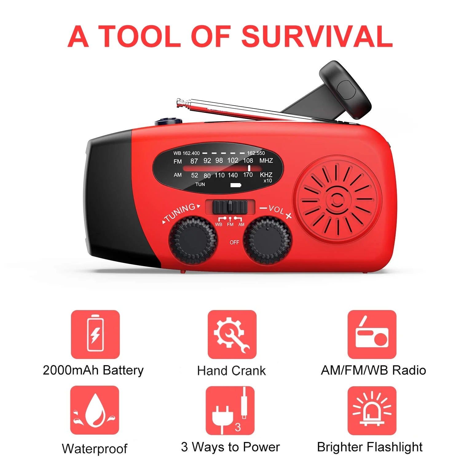 Emergency Weather Radio with Hand Crank, Solar Power, and Phone Charger - Peak Performance Outfitters