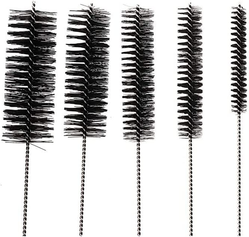 8 Inch Nylon Tube Cleaning Brush Set - Large Sizes (BLACK) - 5 Piece Kit for Bottles, Straws, Pipes, Keyboards, Glass, Guns - Heavy Duty Cleaning Brushes with Flexible Handles - Peak Performance Outfitters