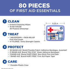 BAND-AID Brand Travel Ready Portable Emergency First Aid Kit for Minor Wound Care, Perfect for Home, Car, Travel, Camping Essentials & Outdoor Emergency Kit, 80 Pieces